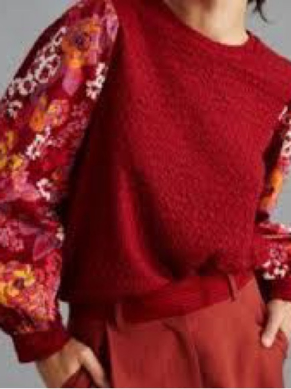 Women's Red Crewneck Sweater with Floral Puff Sleeves